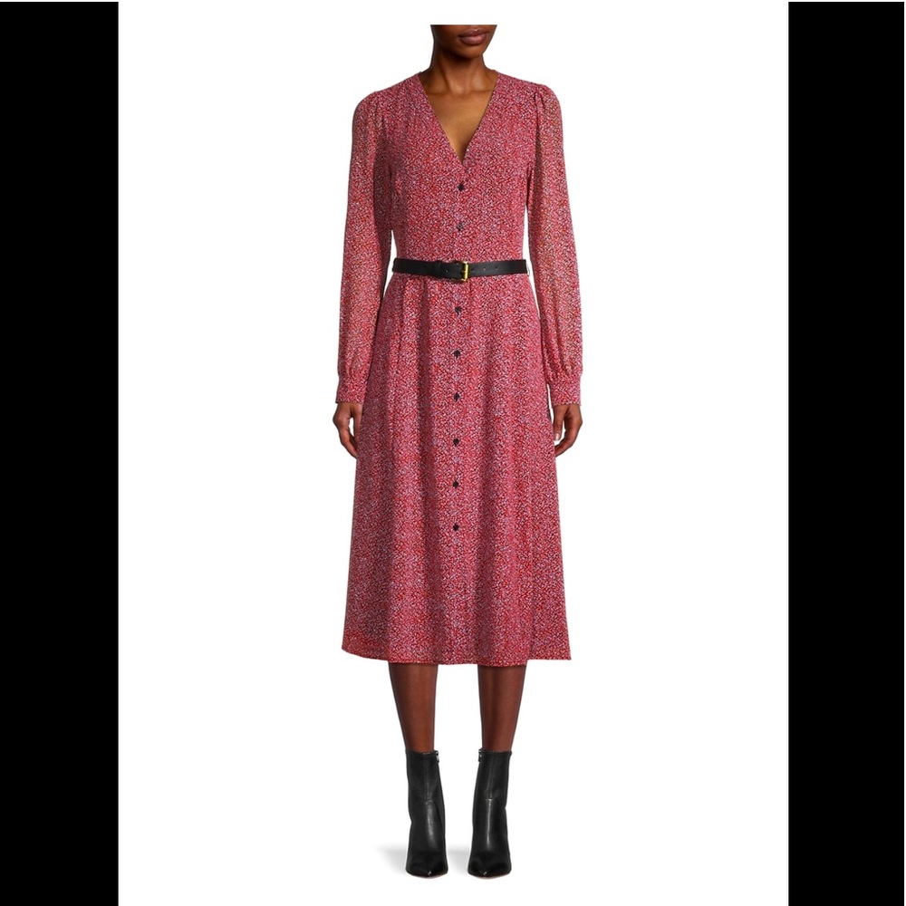Michael Michael Kors Womens Floral Print V Neck Waist Belt Dress Red XS